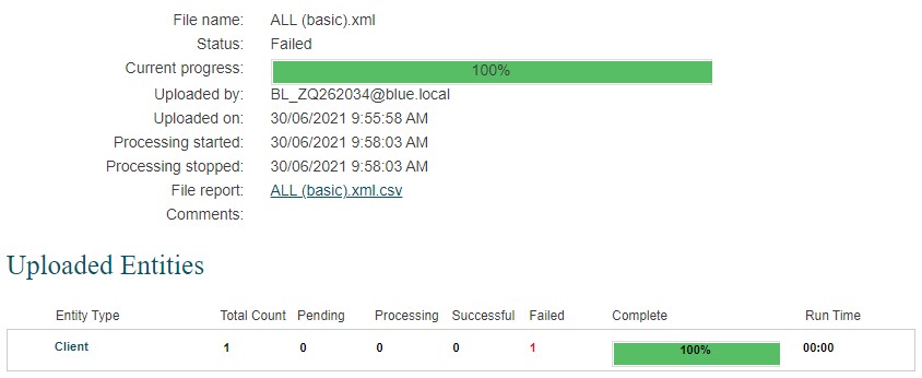 Click the name of any file to see more information about that file such as upload progress, and a breakdown of total, successful and failed records by entity type. 