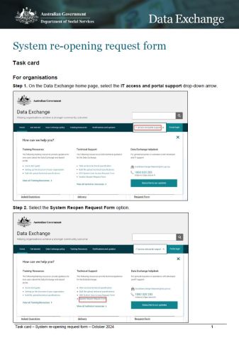 cover of System re-opening request form – task card for organisations